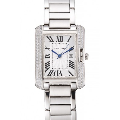 Copy Cheap Cartier Tank Anglaise 30mm White Dial Diamonds Steel Case Stainless Steel Bracelet