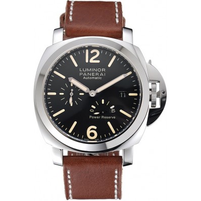 Fake Panerai Luminor Automatic Power Reserve Black Dial Stainless Steel Case Brown Leather Strap