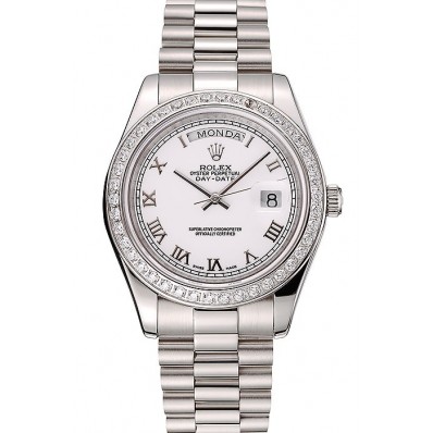 High Quality Fake Swiss Rolex Day-Date White Dial Diamond Case Stainless Steel Bracelet 1453967