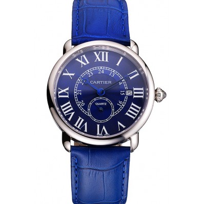 Imitation Cartier Ronde Louis Cartier Blue Dial Stainless Steel Case Blue Leather Strap