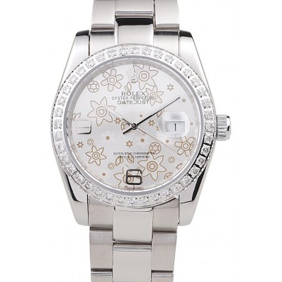 Knockoff Top Rolex Datejust Polished Stainless Steel Silver Flowers Dial Diamond Plated 98081