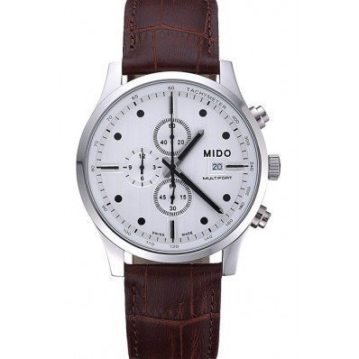 Mido Multifort Cronograph All White & Black Dial Brown Leather Strap 622183