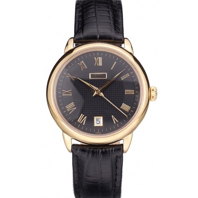 Replica Piaget Swiss Traditional Black Dial Black Leather Strap 7628