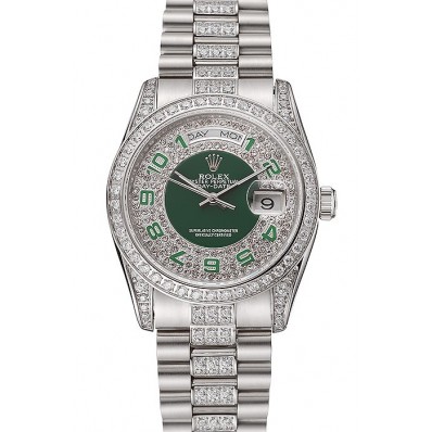 Replica Swiss Rolex Day-Date Diamond Pave Green Dial Diamond And Stainless Steel Bracelet 1453952