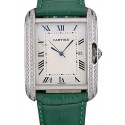Cartier Tank Anglaise 36mm White Dial Diamonds Steel Case Green Leather Bracelet