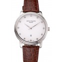 Replica Patek Philippe Calatrava Date White Dial Stainless Steel Case Brown Leather Strap