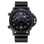 1:1 Panerai Luminor Submersible Flyback GMT Black Dial Yellow Markings Black Ionized Case Black Rubber Strap