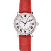 Cartier Ronde White Dial Diamond Bezel Stainless Steel Case Red Leather Strap
