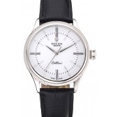 Cheap Swiss Rolex Cellini Time Silver Case White Dial Black Leather Bracelet 622653