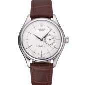 Copy Rolex Cellini White Dial Stainless Steel Case Brown Leather Bracelet 622723