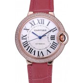 Fake AAAAA Swiss Cartier Ballon Bleu de Cartier White Dial Diamonds Case Pink Leather Bracelet 622553