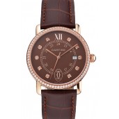 Fake Cartier Ronde Solo Brown Dial Diamond Hour Marks And Bezel Rose Gold Case Brown Leather Strap