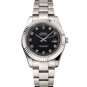 Fake Knockoff Swiss Rolex Datejust Black Dial Dimond Hour Marks Stainless Steel Case And Bracelet