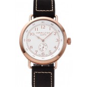 Hamilton Navy Pioneer Small Second White Dial Rose Gold Case Black Leather Strap
