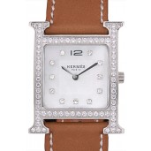 Hermes Heure H Stainless Steel Diamond Encrusted Bezel Tan Leather Strap White Dial 80232