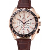 High Imitation Omega Seamaster Aqua Terra Chrono GMT Ivory Dial Brown Leather Bracelet 622534