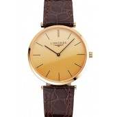 Imitation Swiss Longines Grande Classique Gold Dial Gold Case Brown Leather Strap