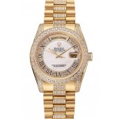 Imitation Swiss Rolex Day-Date Diamond Pave White Dial Gold Diamond Bracelet 1453958