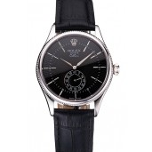New Swiss Rolex Cellini Black Dial Stainless Steel Case Black Leather Strap