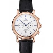 Omega Seamaster Vintage Chronograph White Dial Blue Hour Marks Rose Gold Case Black Leather Strap