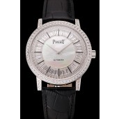 Replica Designer Swiss Piaget Altiplano Diamond Set Stainless Steel Case And Pearl Dial Black Leather Strap 1453746