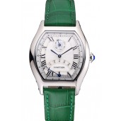 Replica Luxury Cartier Tortue Perpetual Calendar White Dial Stainless Steel Case Green Leather Strap