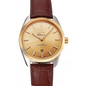 Replica Omega Globemaster Gold Dial And Bezel Stainless Steel Case Brown Leather Strap