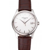 Replica Swiss Patek Philippe Calatrava White Dial Stainless Steel Case Brown Leather Strap