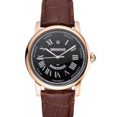 Swiss Cartier Rotonde Annual Calendar Black Dial Rose Gold Case Brown Leather Strap