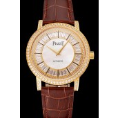 Swiss Piaget Altiplano Diamond Set Gold Case And Pearl Dial Brown Leather Strap 1453745