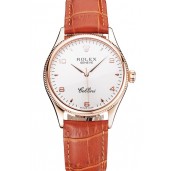 Swiss Rolex Cellini White Dial Arabic Numerals Rose Gold Case Light Brown Leather Strap