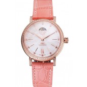 Top IWC Portofino Moon Phase Silver Dial Rose Gold Case Diamonds Bezel Pink Leather Strap