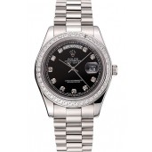 Top Swiss Rolex Day-Date Black Dial Diamond Case Diamond Numerals Stainless Steel Bracelet 1453965