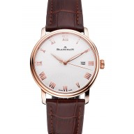 Imitation Blancpain Villeret Ultra Slim White Groved Dial Gold Numerals Rose Gold Case Brown Leather Strap