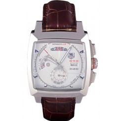 1:1 Tag Heuer Monaco Brushed Stainless Steel Case White Dial Brown Leather Strap 98173