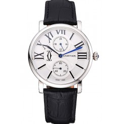 2016 Cartier Ronde Second Time Zone White Dial Stainless Steel Case Black Leather Strap 622798