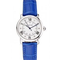 2016 Cartier Ronde White Dial Diamond Hour Marks Stainless Steel Case Blue Leather Strap