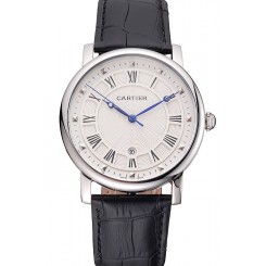 AAA Cartier Rotonde Date White Dial Stainless Steel Case Black Leather Strap