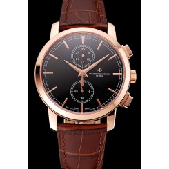 Best Fake Swiss Vacheron Constantin Patrimony Traditionnelle Chronograph Black Dial Rose Gold Case Brown Leather Strap 1453763