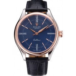 Best Quality Copy Rolex Cellini Blue Dial Gold Bezel Stainless Steel Case Black Leather Strap 622841