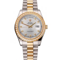 Best Quality Fake Swiss Rolex Day-Date White Dial Gold Diamond Case Two Tone Stainless Steel Bracelet 1453971