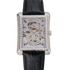 Best Quality Swiss Piaget Emperador Tourbillon Skeleton Silver Diamond Case Black Leather Bracelet 1453943