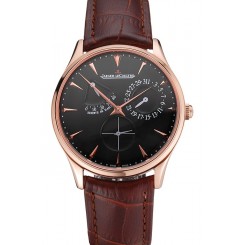 Cheap Replica Swiss Jaeger LeCoultre Master Ultra Thin Reserve De Marche Black Dial Rose Gold Case Brown Leather Strap