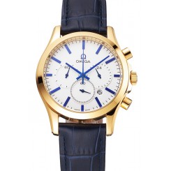 Copy Best Omega Chronograph White Dial Gold Case Blue Leather Strap