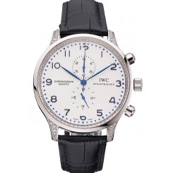 Copy IWC Portugieser Chronograph White Dial Blue Hands And Numerals Steel Case With Diamonds Black Leather Strap