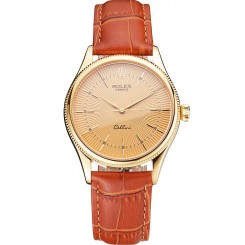 Fake Designer Swiss Rolex Cellini Gold Dial And Markings Gold Case Light Brown Leather Strap