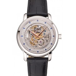 Fake Swiss Piaget Altiplano Skeleton Dial With Diamonds Stainless Steel Case Black Leather Strap