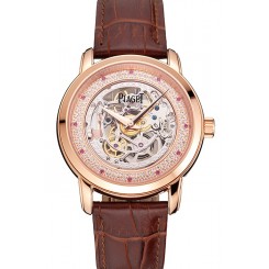 Fashion Copy Swiss Piaget Altiplano Skeleton Dial With Diamonds Rose Gold Case Brown Leather Strap