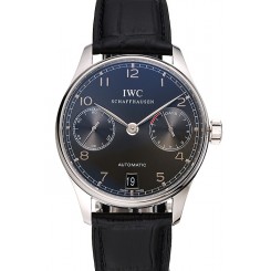 Fashion Replica Swiss IWC Portuguese Black Dial Black Subdials Silver Case Black Leather Bracelet 1453906