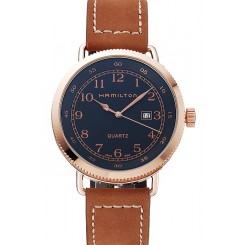 Hamilton Navy Pioneer Black Dial Rose Gold Case Brown Leather Strap